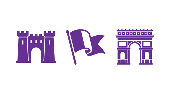 Set of purple architectural and travel icons including a fortress castle gateway a waving flag a triumphal arch icon set vector graphics white background architecture