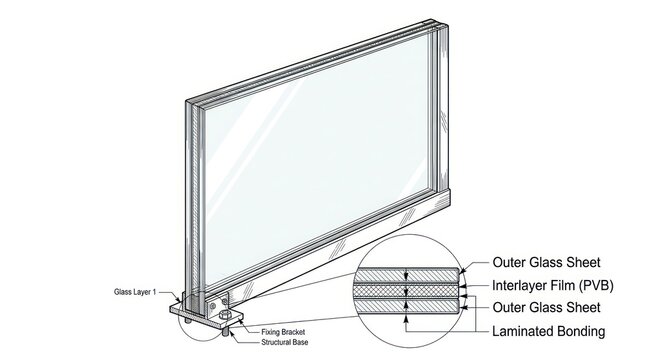 Minimalist Diagram of Laminated Glass Structure with Outer Sheets PVB Interlayer Fixing Bracket and Structural Base