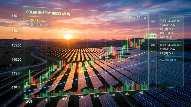Solar energy index stock market chart overlay on a massive solar panel farm at sunset representing green energy investment opportunities and sustainable financial growth in clean technology