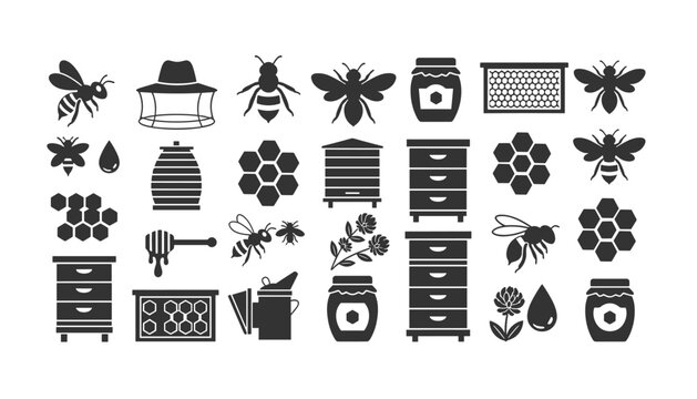 Comprehensive collection of black beekeeping and honey production icons includes bees, beehives, and honey jars.