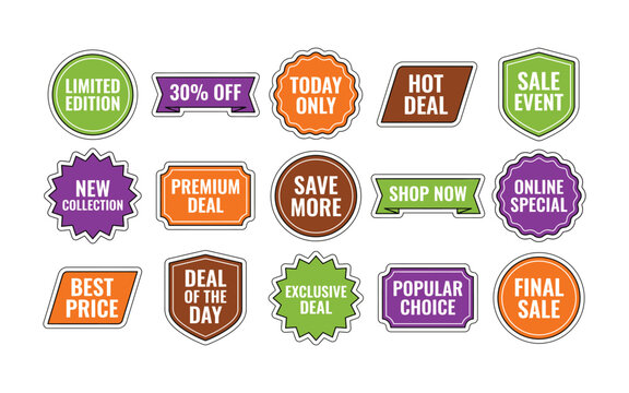 Set of colorful sale tags and promotional badges for retail discounts and marketing events with various shapes and text styles