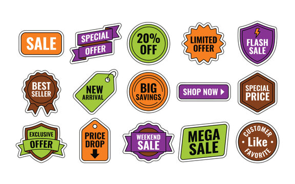 Collection of colorful sale badges and shopping discount stickers isolated on white background