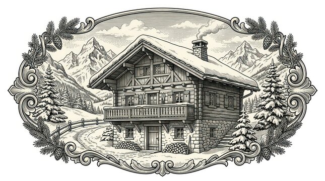 Corporate Elegant Black and White of Alpine Chalet with Mountain and Ornate Frame for Branding or Stationery