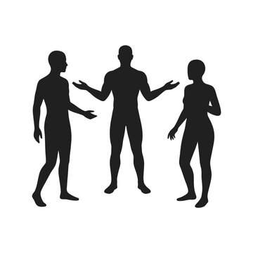 Black silhouette of three people standing and talking together isolated on a white background