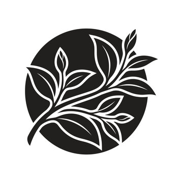 Black silhouette of a tea plant branch with leaves inside a circular frame isolated on a white background