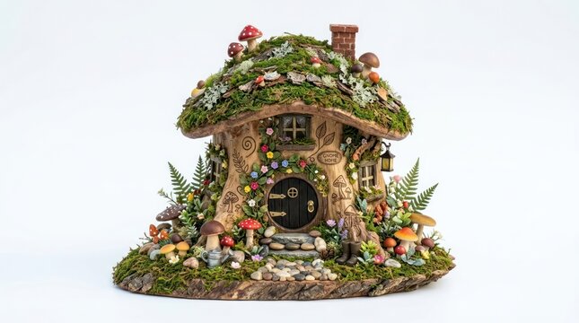 Minimalist Whimsical Gnome Home Miniature Model with Moss Roof Mushrooms and Fairy Garden Decor