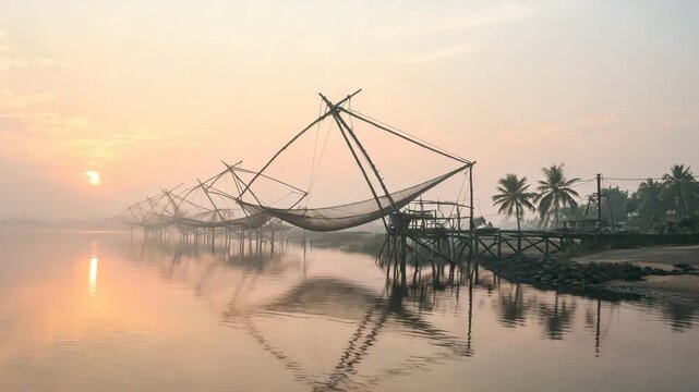 golden morning light over chinese fishing nets in fort kochi kerala india video