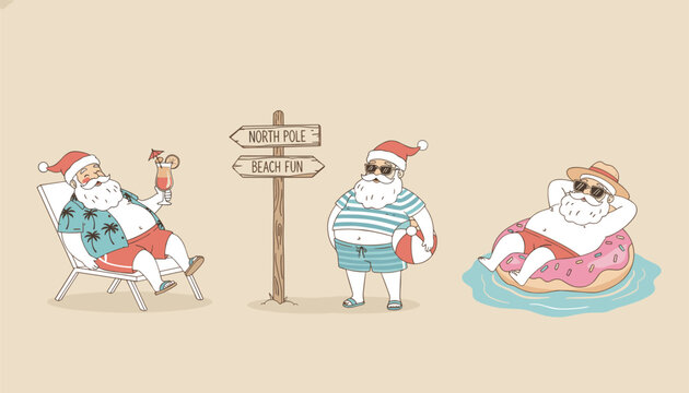 Cartoon Santa Claus relaxing on a beach chair and swimming in an inflatable donut during a summer holiday vacation theme graphic illustration.