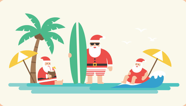 Three Santa Claus characters enjoying summer beach activities like surfing and drinking coconut cocktails on a tropical holiday vacation island.