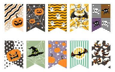 Fototapeta premium Cute Halloween flag set, Colorful printable banners and bunting garlands with pumpkin, ghost, witch hat, and spider web patterns for party decoration, diy, craft, card design and more