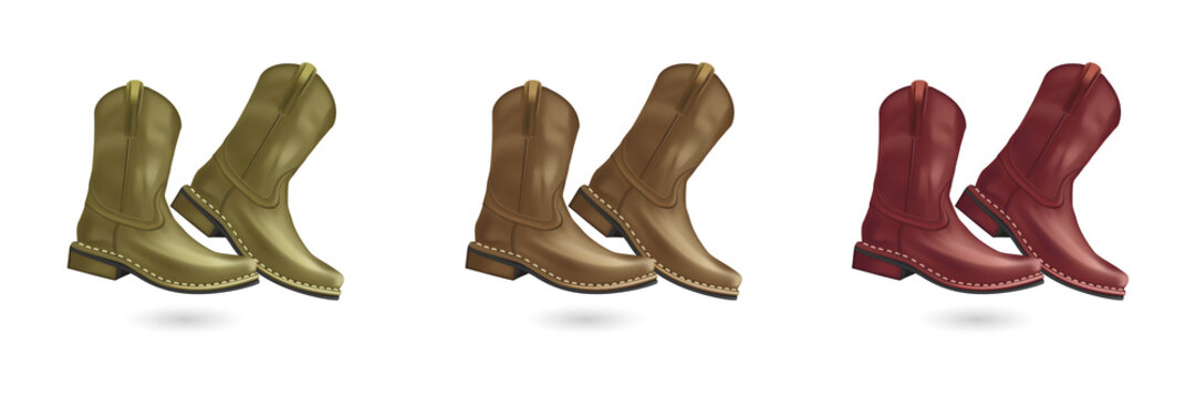 Western cowboy boots in various colors on transparent background