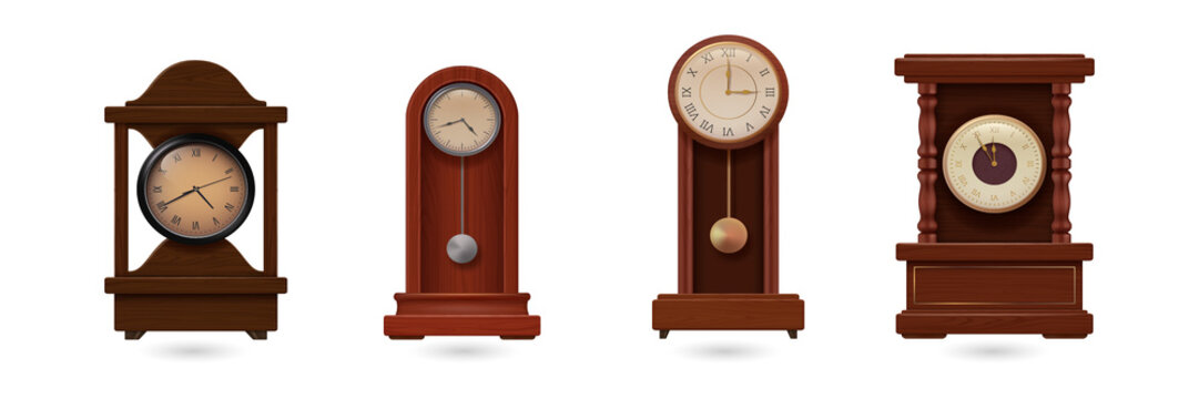 Four elegant grandfather clocks on transparent background