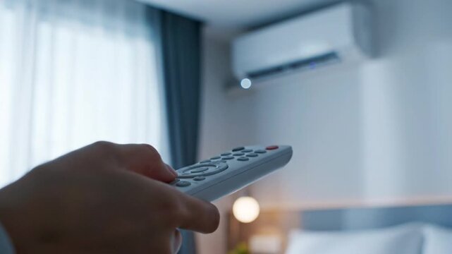 Hand using remote control to turn on air conditioning unit inside a modern bedroom for comfort
