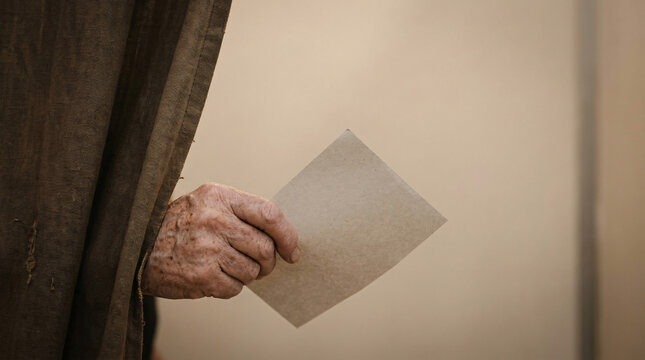 A hand emerges from behind a curtain, holding a blank ballot, symbolizing the act of voting and the fundamental right to participate in a democratic process.