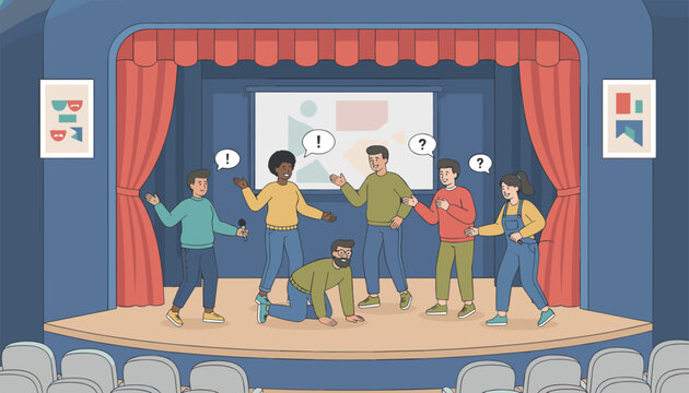Actors perform an improv show on a blue theater stage featuring speech bubbles and a presenter holding a microphone for the audience.