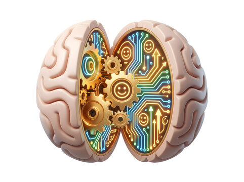 Human brain with mechanical gears and glowing circuit board, symbolizing ai and emotional intelligence, isolated on transparent background