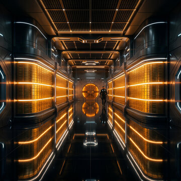 Futuristic Secure Server Room with Glowing Orange Lights and Security Guard