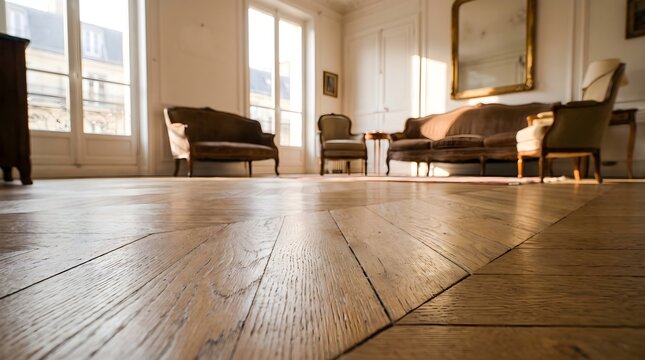 Low Angle View French Chevron Wood Parquet Floor In Classic Living Room