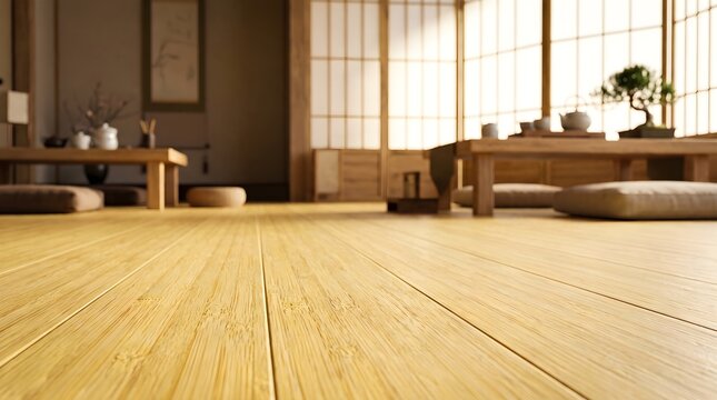 Low Angle View Bamboo Wood Floor In Japanese Style Interior Room