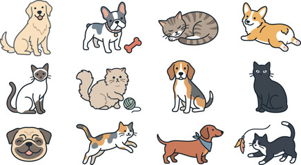 Obraz premium Cute cartoon dogs and cats collection set with various breeds and poses for pet lovers and animal design projects