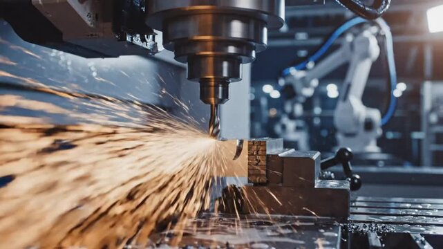 Industrial CNC milling machine with drill creating sparks in the manufacturing process
