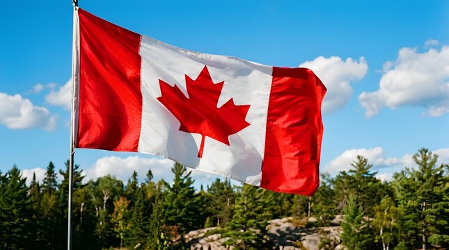 Majestic canadian flag waving proudly against a brilliant blue sky and clouds