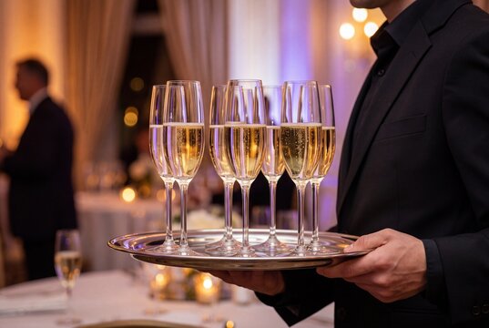 Waiter serving champagne flutes on a silver tray at a formal event