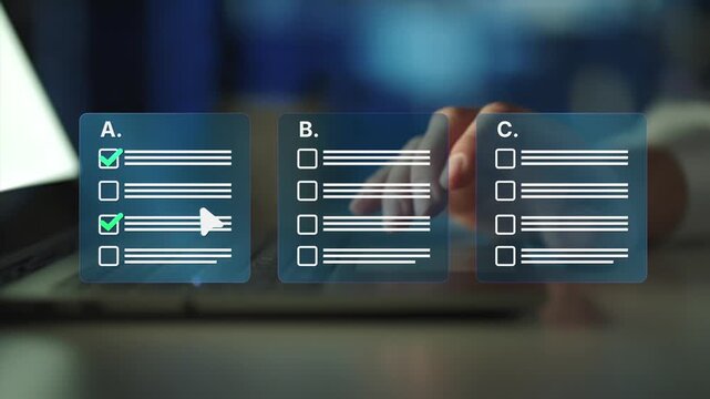 Online survey exam interface with completed questions and selected answers. Technology concept for digital assessment, student testing.