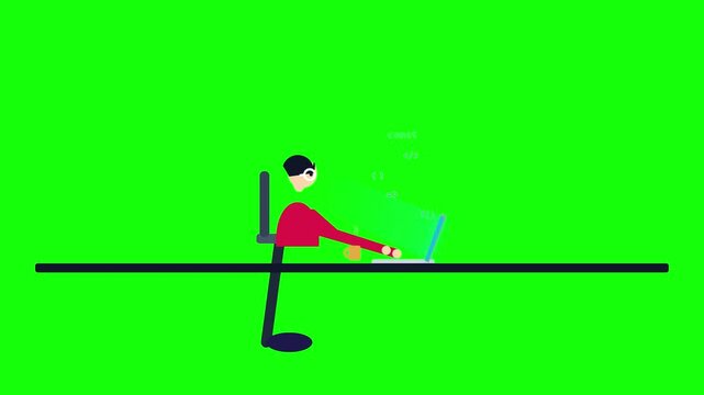 Minimalist 2D animation of a developer working on a laptop with floating code elements on a green screen background