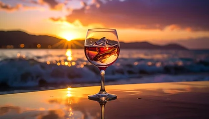 Cocktail with Ice in Glass on Beach at Sunset   Summer Evening Vibes © avivmuzi