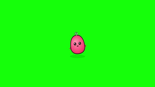 Cute pink cartoon character jumping and spinning on a green screen background