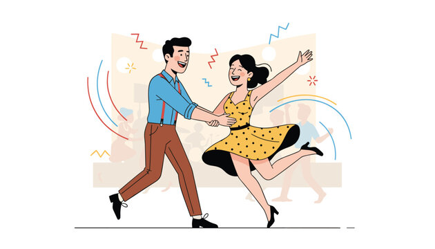Cheerful young couple in retro clothing dancing energetic rock and roll swing dance at a party or dance club.