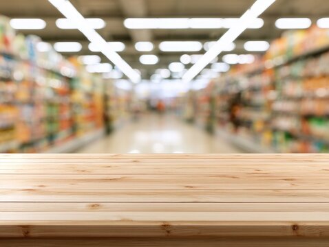 Empty wooden table surface with a blurred supermarket aisle background filled with various products and bright overhead lighting.