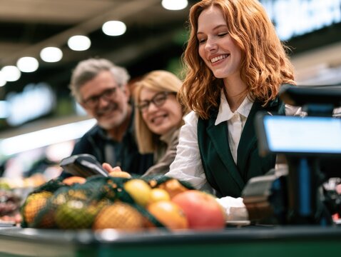 A smiling female cashier scans produce for two customers at a grocery store checkout counter.
