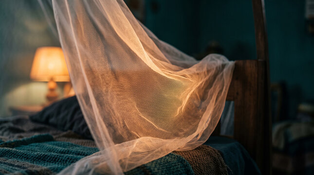 A light mosquito net hangs over a rustic wooden bed frame in a dim bedroom with frame illuminated soft soft warm lamp translucent mosquito drapes over protection