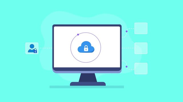 Animated video showing secure cloud data access on a computer monitor, with user, key, lock, and shield icons connected around the cloud on a turquoise background.