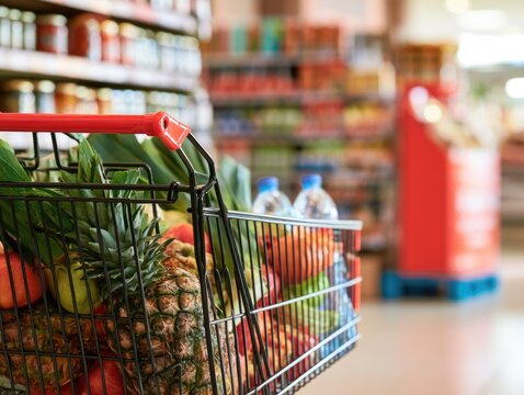 A shopping cart filled with fresh fruits and vegetables in a supermarket aisle with blurred shelves in the background.