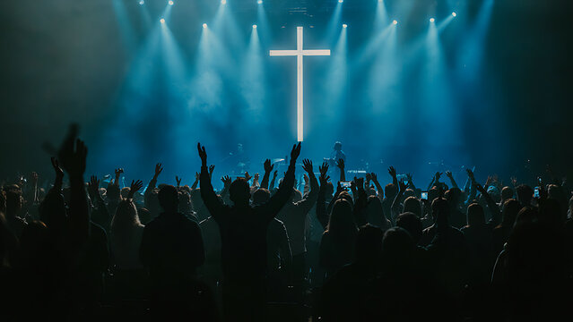 Live Christian Music Worship Service with Glowing Cross
