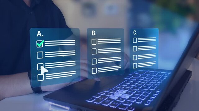 Online survey exam interface with completed questions and selected answers. Technology concept for digital assessment, student testing.
