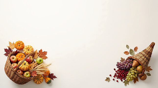 Thanksgiving cornucopia basket with pumpkins and autumn harvest fruits