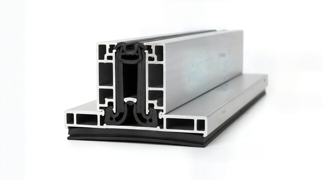 Aluminum profile section with black rubber gaskets and internal chambers