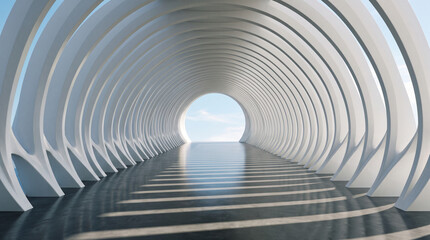 Fototapeta premium Futuristic white tunnel with circular arches and reflective floor leading to a bright blue sky view