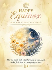 Fototapeta premium Happy equinox celebration with balance and renewal floral design and celestial elements