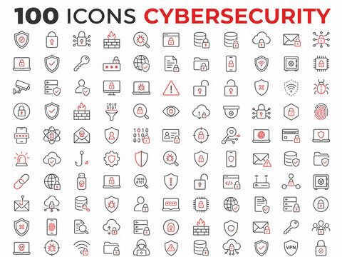 Cybersecurity and network protection line vector icon set, data security and information technology symbols
