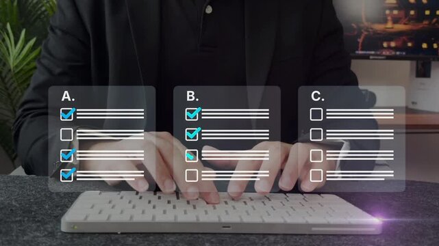 Online survey exam interface with completed questions and selected answers. Technology concept for digital assessment, student testing.