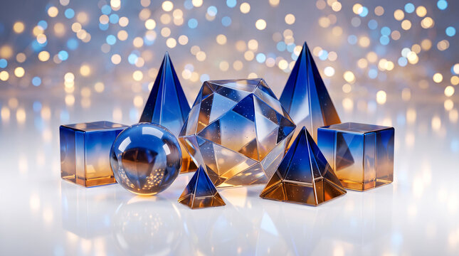 Collection of blue and amber gradient glass geometric shapes including spheres, pyramids, and cubes on a reflective surface