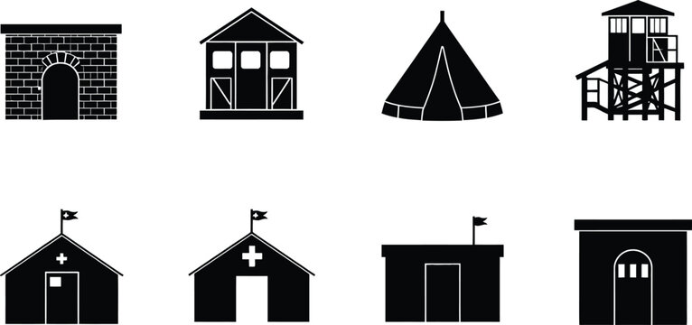 Vector Silhouette Icon Set featuring Military Outpost, Survival Shelters, Camp Buildings, and Historical Architecture Icons like Tents, Watchtowers, Medical Stations, and Stone Entrances.