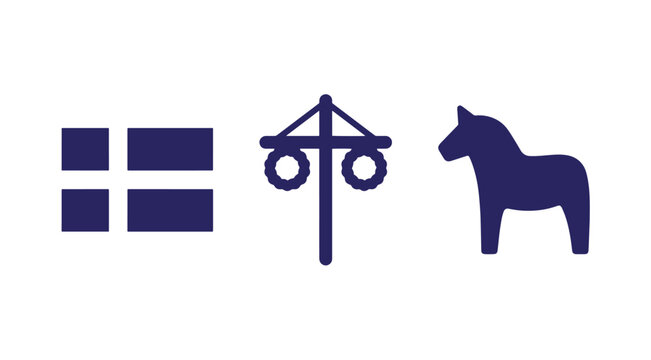 Traditional swedish symbols set showing a national flag midsummer pole dala horse silhouette traditional icons scandinavian culture folk art nordic design heritage set