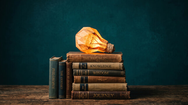 A glowing paper lightbulb sits atop a stack of vintage books on wooden table with illuminated origami lightbulb rests pile antique hardcover books against dark textured background