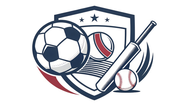 Sports emblem featuring soccer ball cricket bat and baseball for game events.